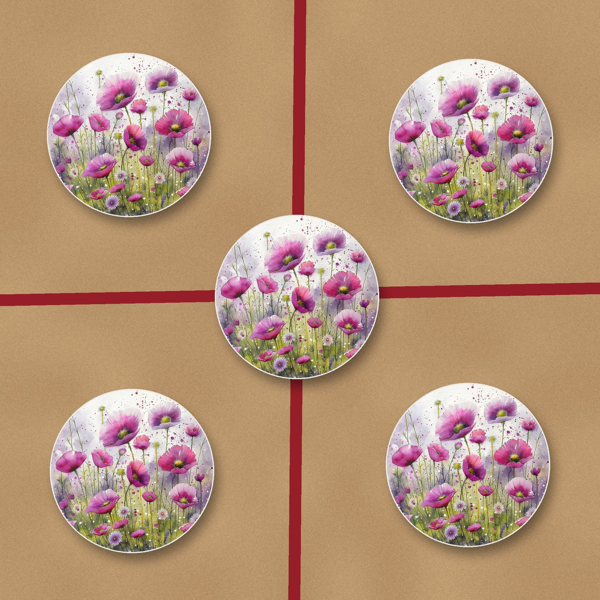 Pink Cosmos Meadow ceramic coasters, glossy finish, on kraft gift wrap