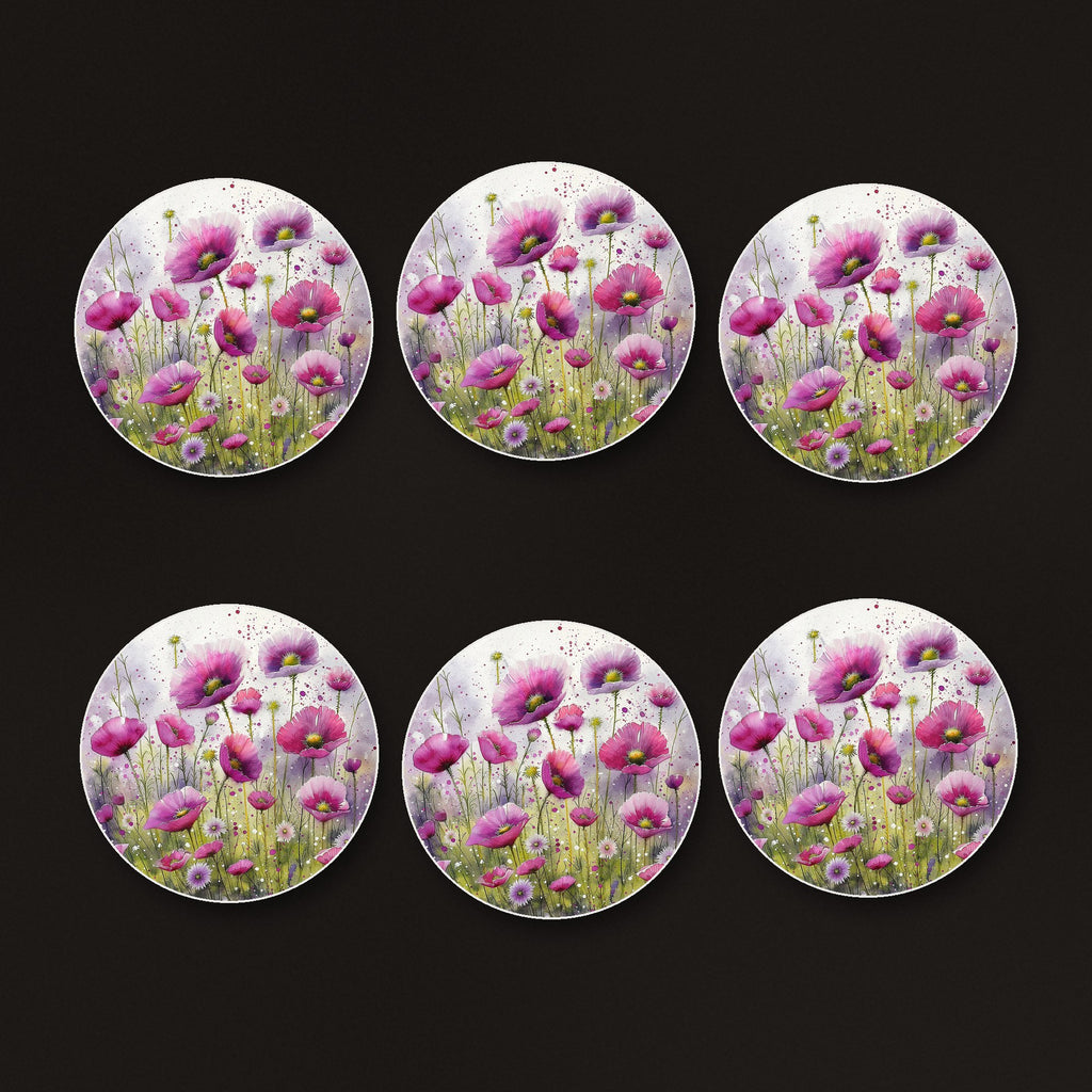 Pink Cosmos Meadow round ceramic coasters, matte finish, on a dark bar counter