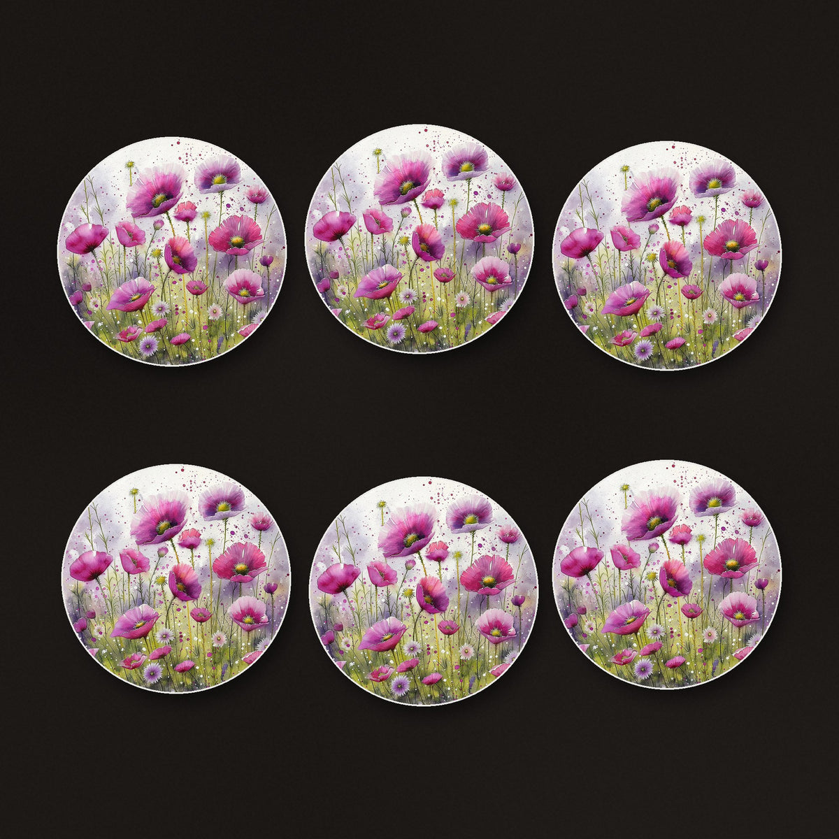 Pink Cosmos Meadow round ceramic coasters, matte finish, on a dark bar counter