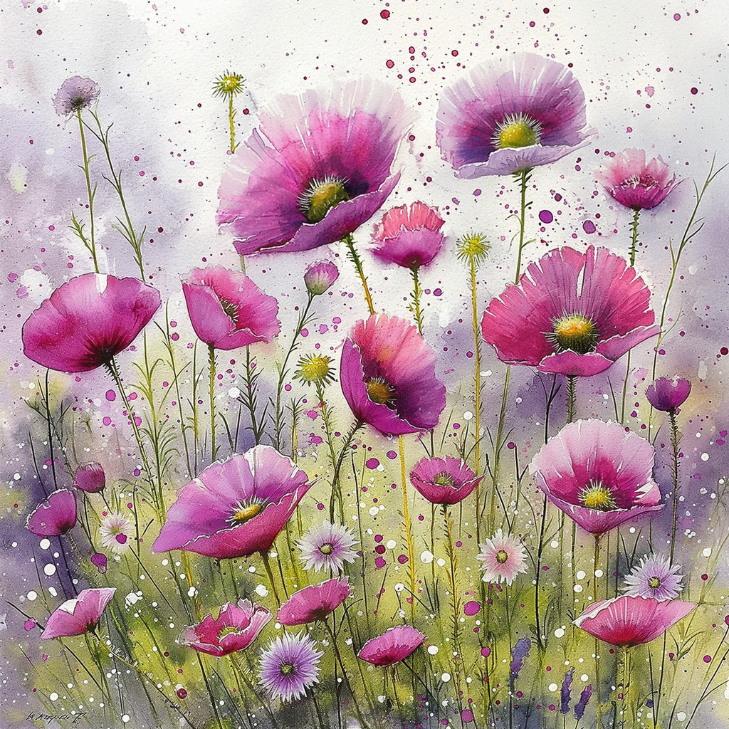 Original pink cosmos meadow artwork used on these coasters