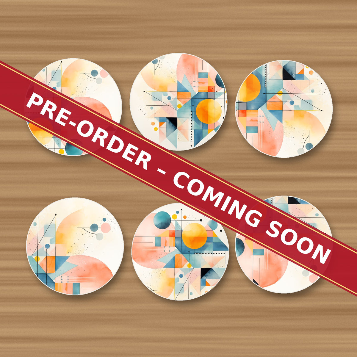 Pastel Geometric Sun round ceramic coaster set of 6, UV printed, pre-order coming soon