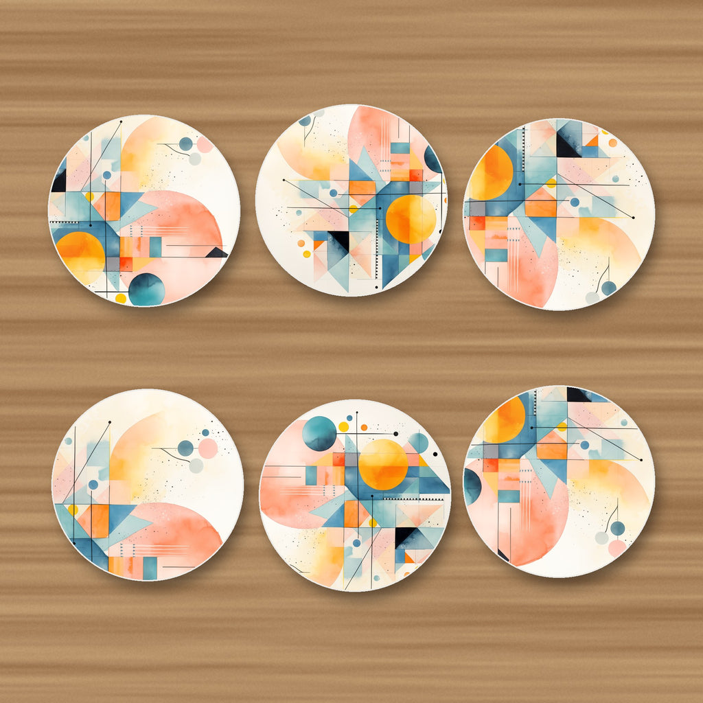 Pastel Geometric Sun round ceramic coasters, set of 6, glossy finish, on an oak coffee table