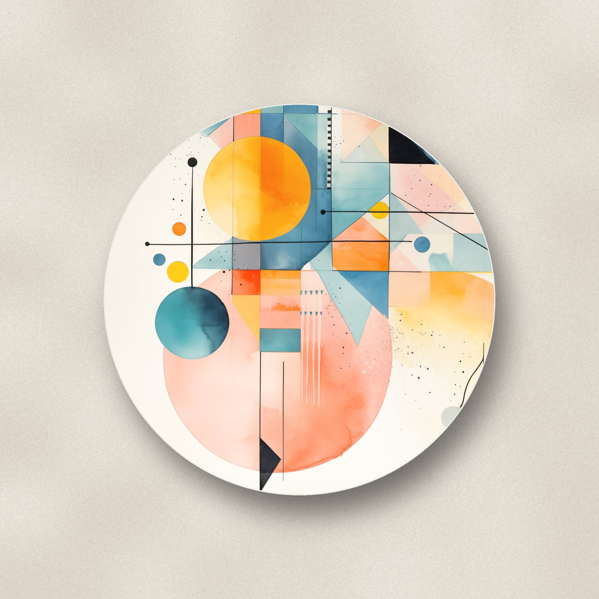 Close-up of one pastel geometric sun ceramic coaster, glossy finish, flat UV print