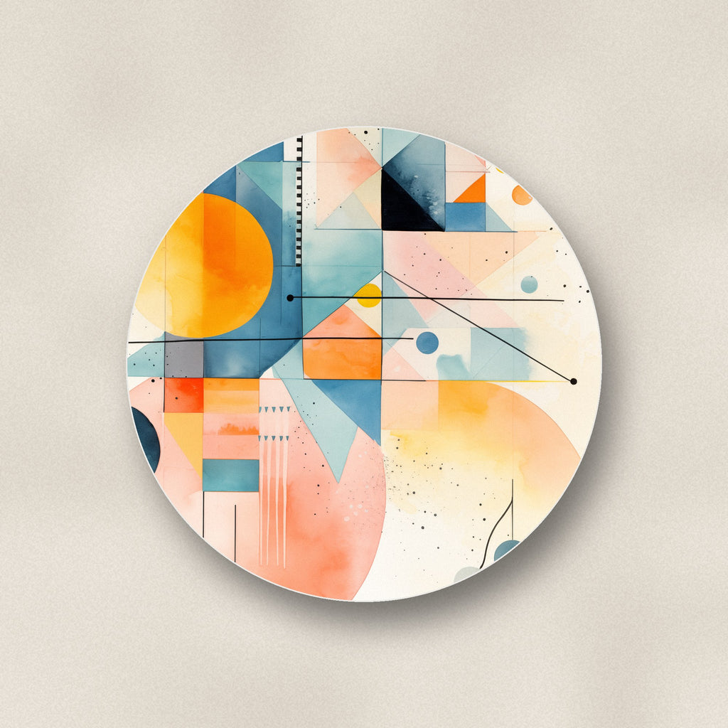 Close-up of one pastel geometric sun ceramic coaster, matte finish, flat UV print