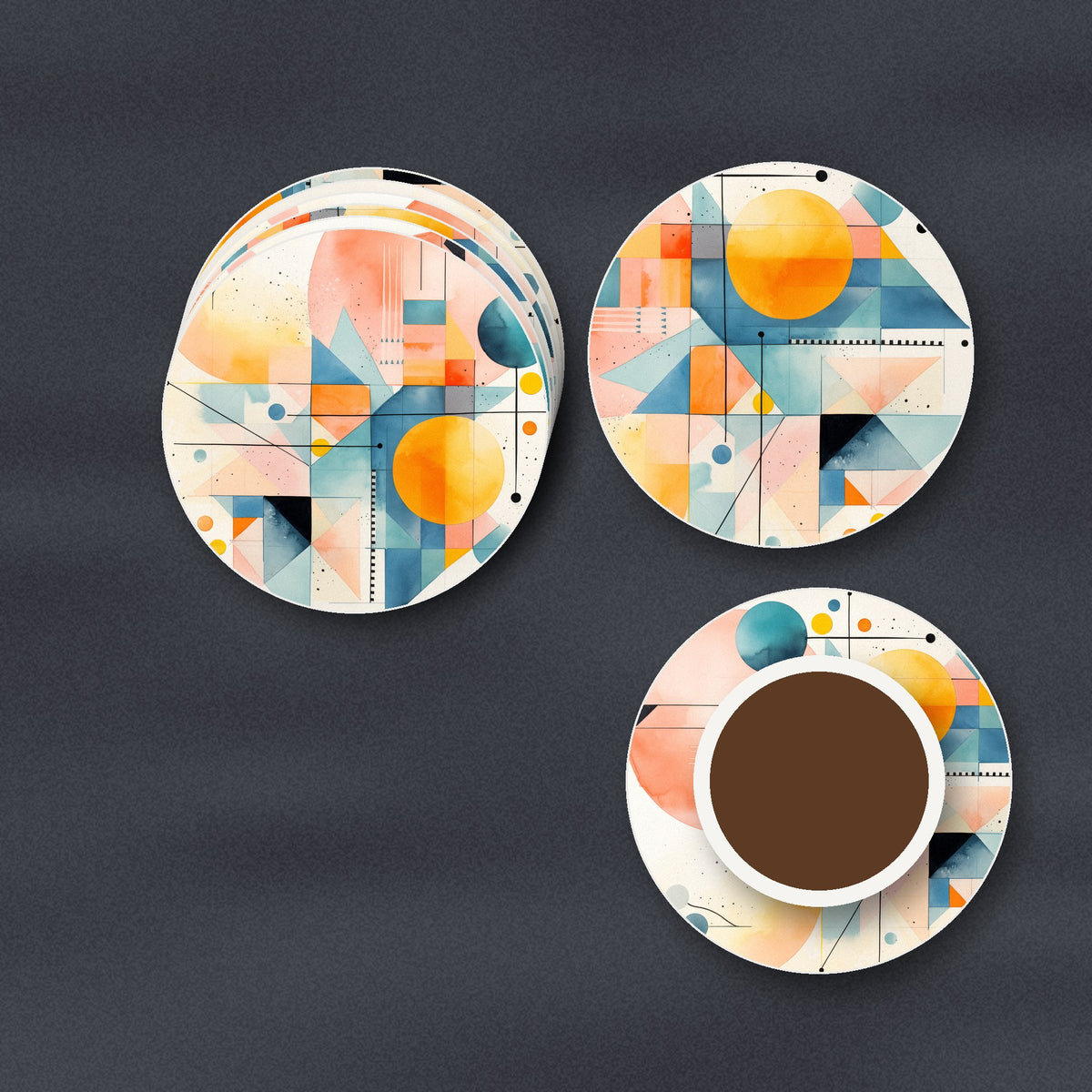 Pastel Geometric Sun ceramic coasters, matte finish, stacked on a slate kitchen worktop