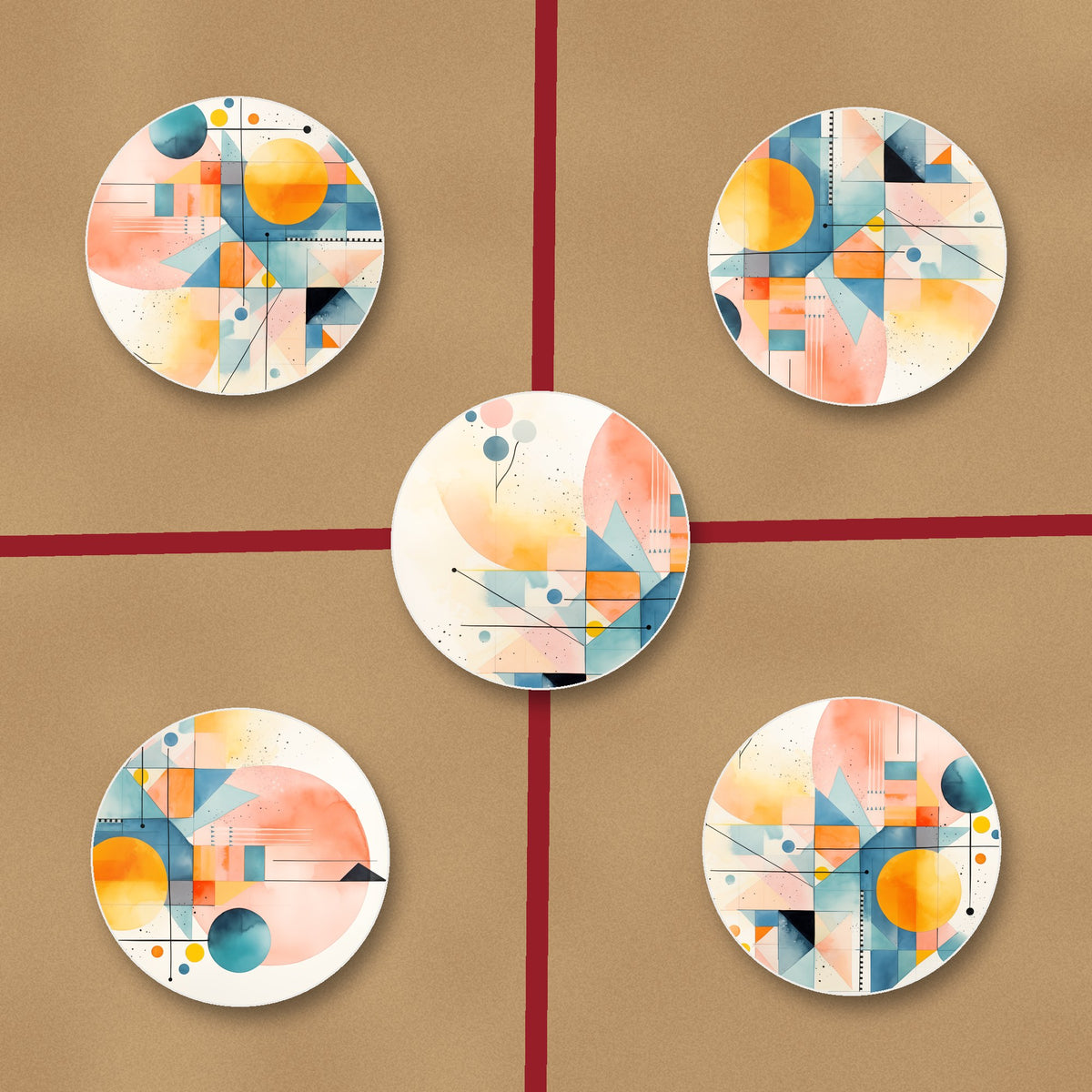 Pastel Geometric Sun ceramic coasters, glossy finish, on kraft gift wrap
