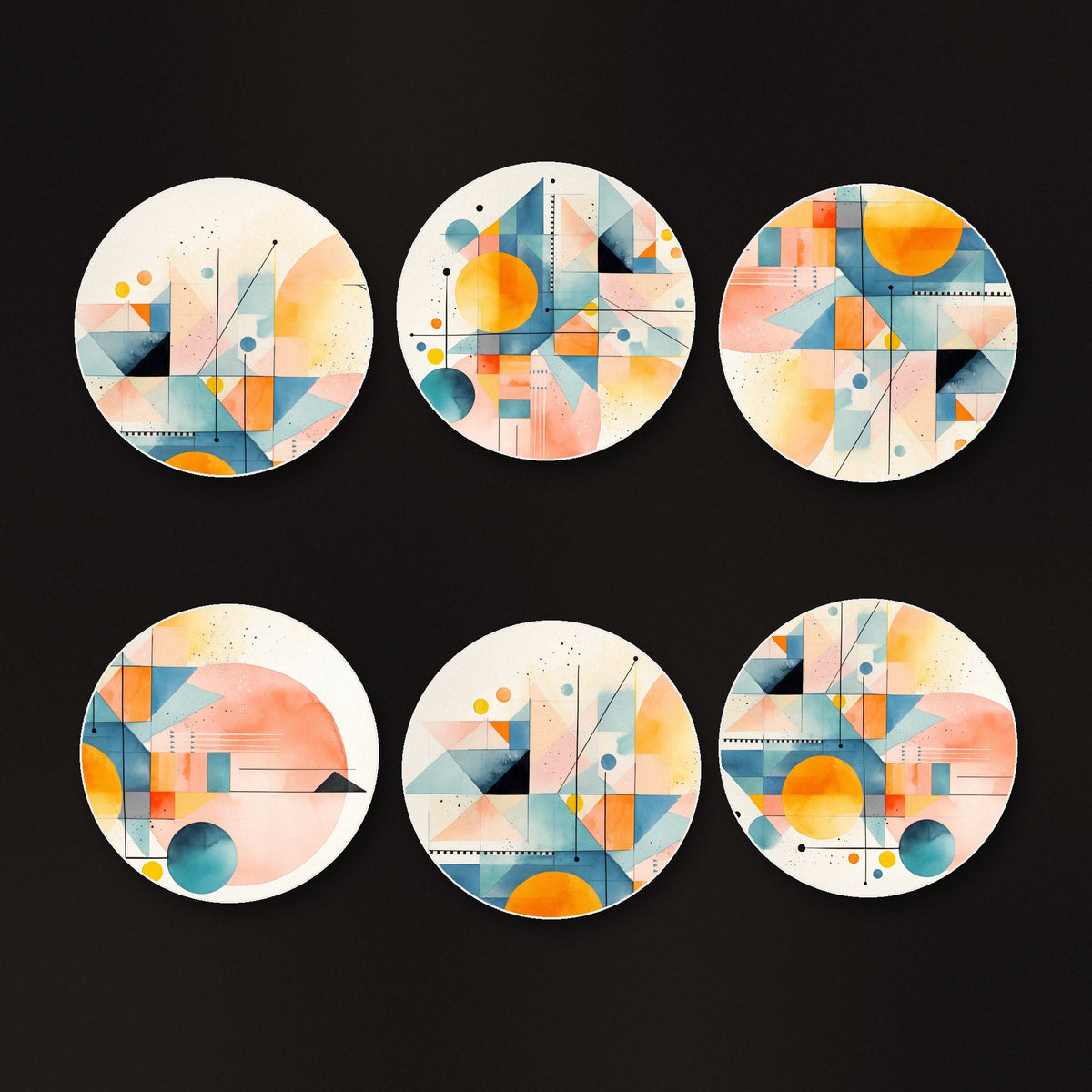 Pastel Geometric Sun round ceramic coasters, matte finish, on a dark bar counter