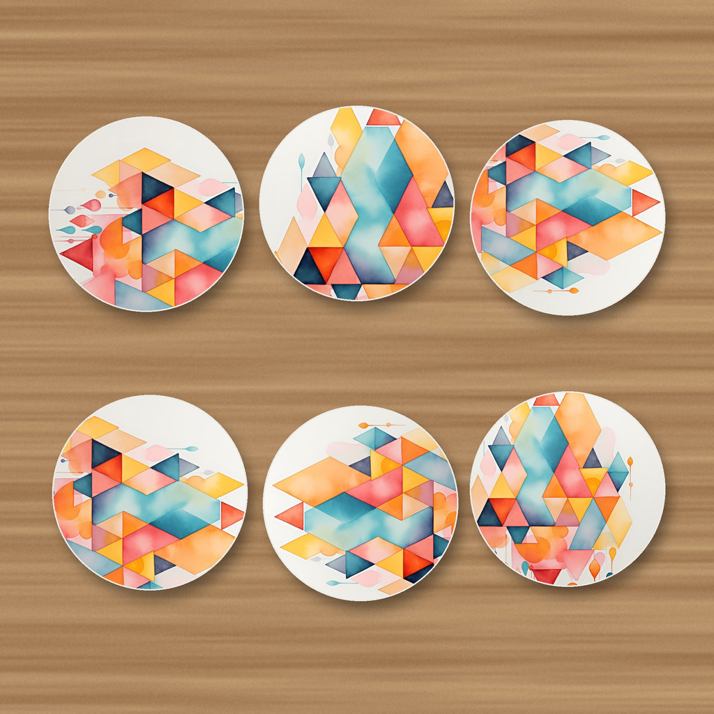 Pastel Diamond Hearts round ceramic coasters, set of 6, glossy finish, on an oak coffee table