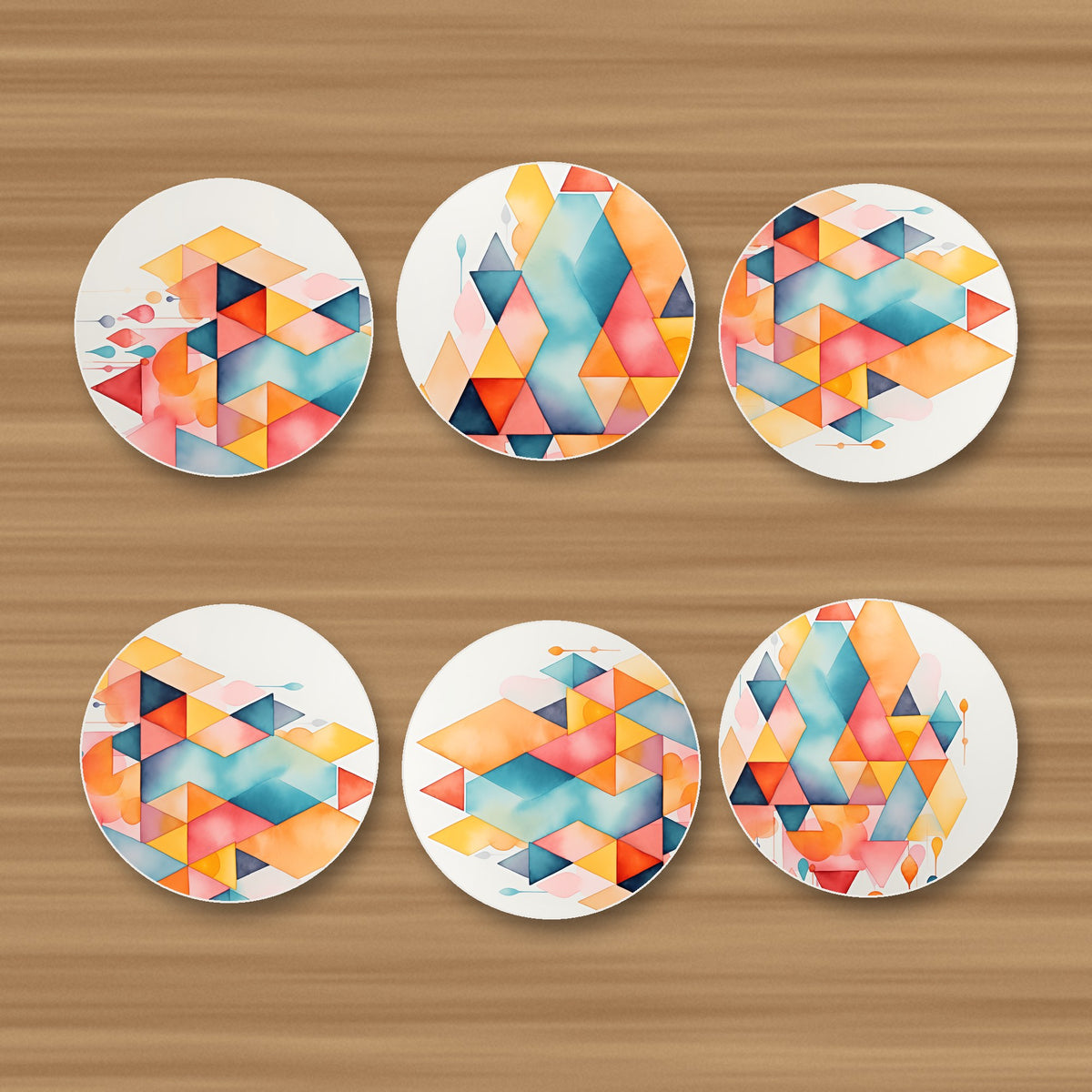 Pastel Diamond Hearts round ceramic coasters, set of 6, glossy finish, on an oak coffee table