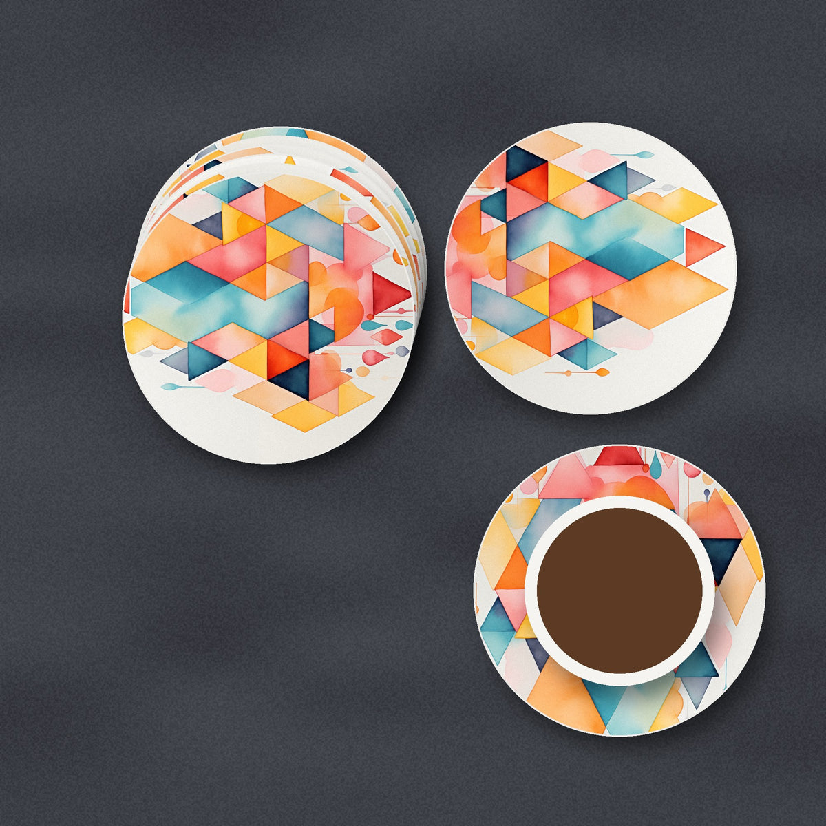 Pastel Diamond Hearts ceramic coasters, matte finish, stacked on a slate kitchen worktop
