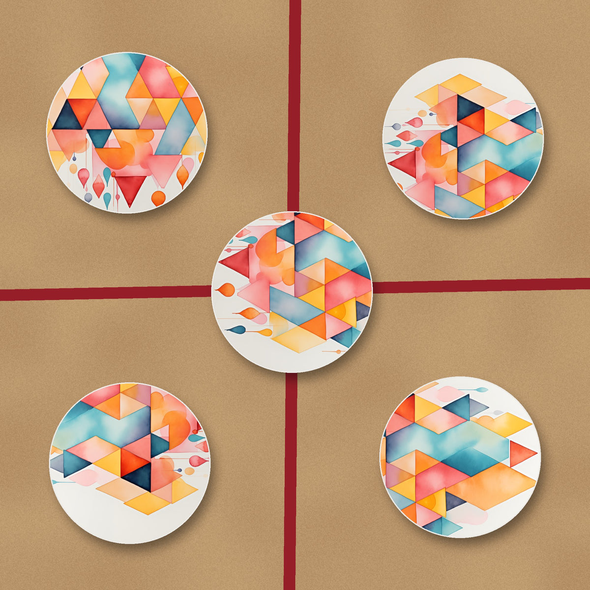 Pastel Diamond Hearts ceramic coasters, glossy finish, on kraft gift wrap