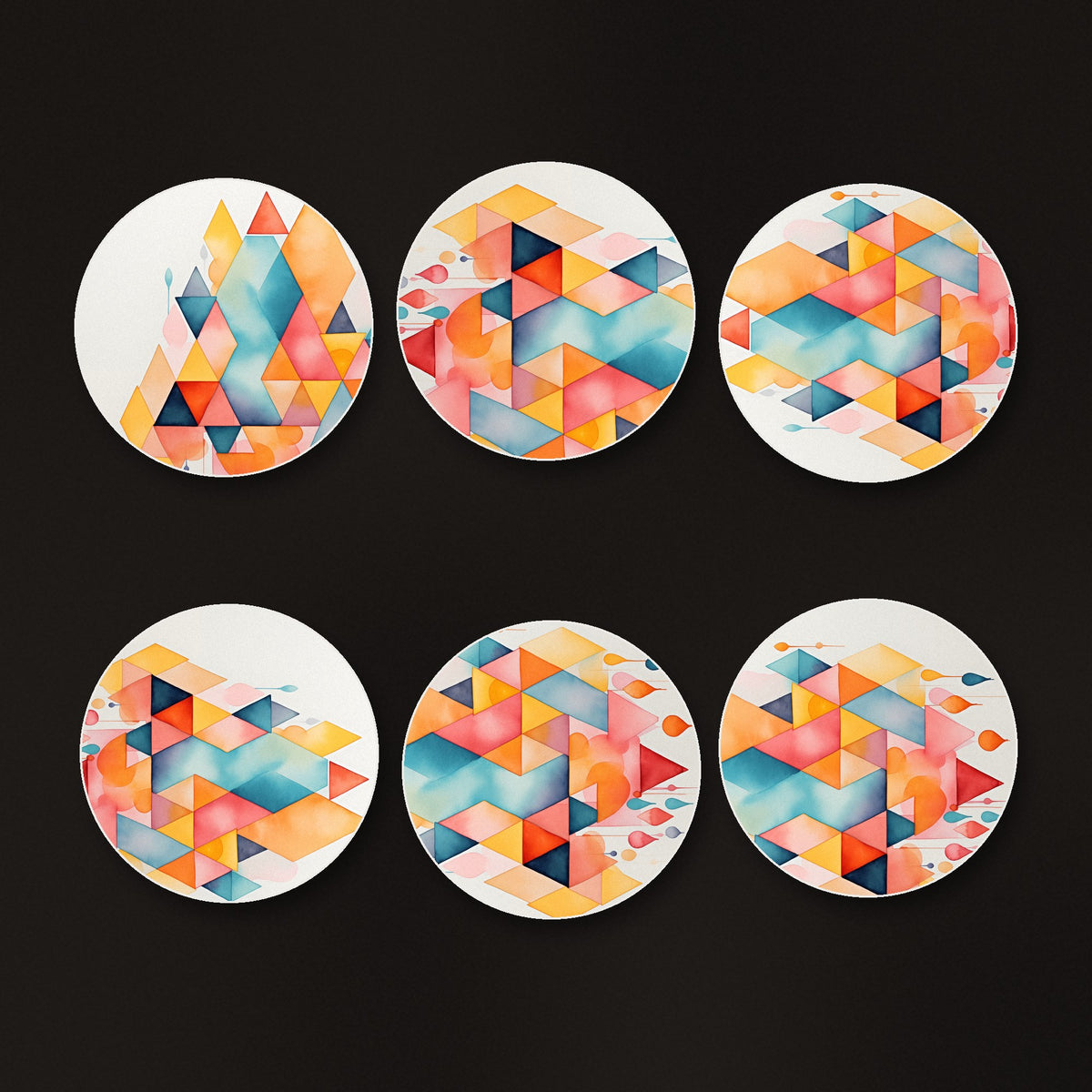 Pastel Diamond Hearts round ceramic coasters, matte finish, on a dark bar counter
