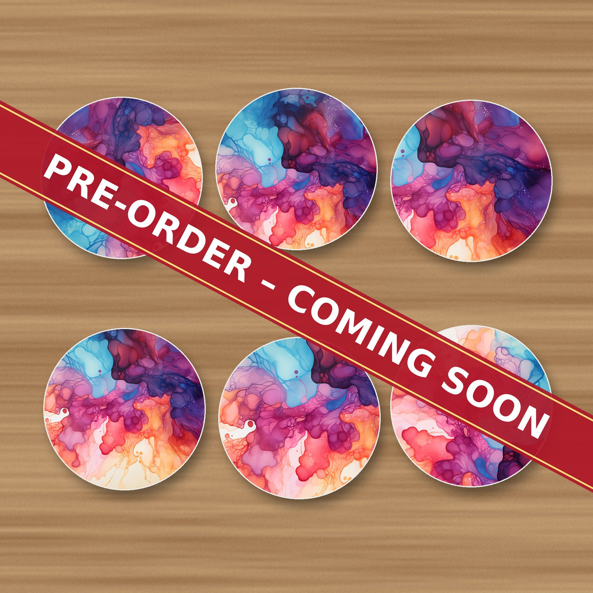 Violet Alcohol Ink round ceramic coaster set of 6, UV printed, pre-order coming soon