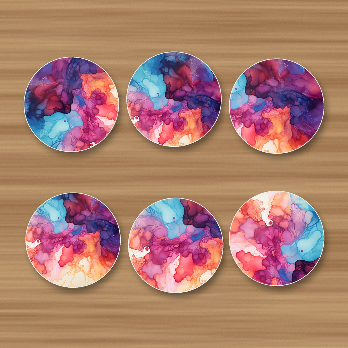 Violet Alcohol Ink round ceramic coasters, set of 6, glossy finish, on an oak coffee table