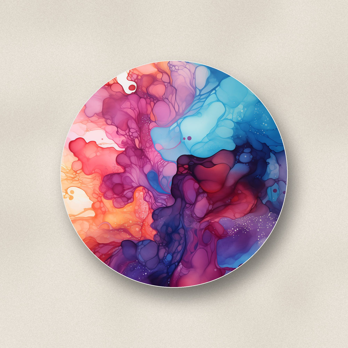 Close-up of one violet alcohol ink ceramic coaster, glossy finish, flat UV print