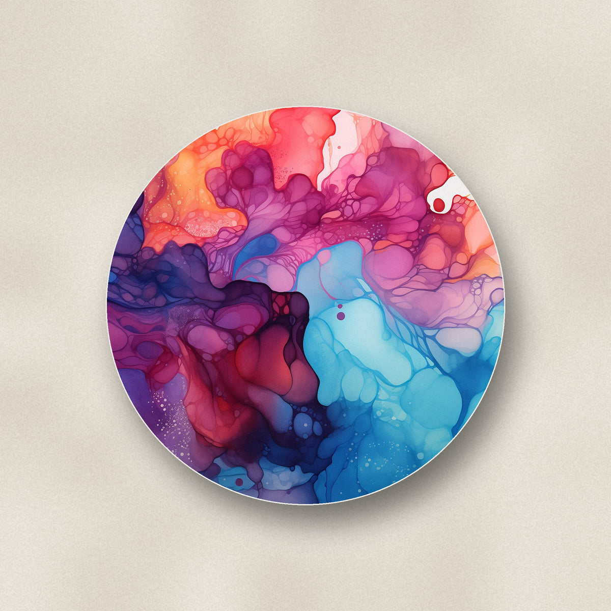 Close-up of one violet alcohol ink ceramic coaster, matte finish, flat UV print