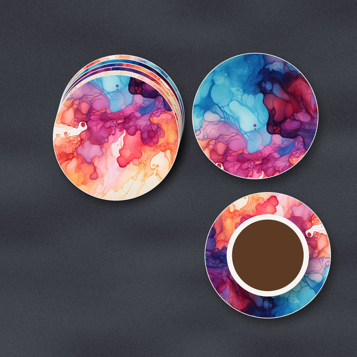 Violet Alcohol Ink ceramic coasters, matte finish, stacked on a slate kitchen worktop