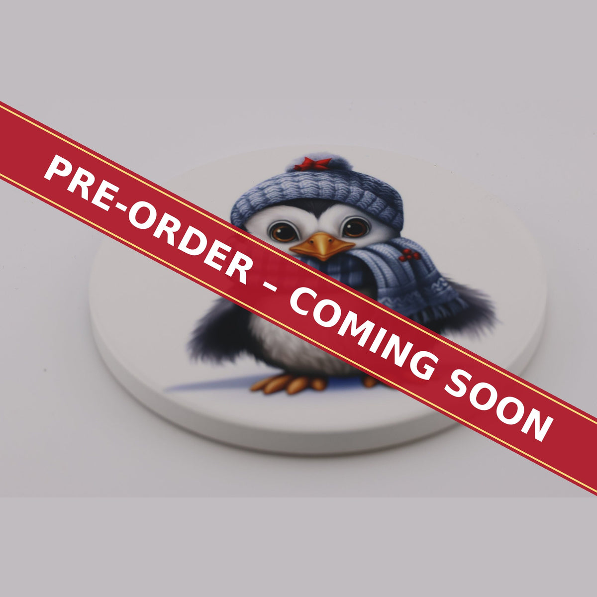 Christmas Penguin in Blue Scarf round ceramic coaster set of 6, pre-order coming soon