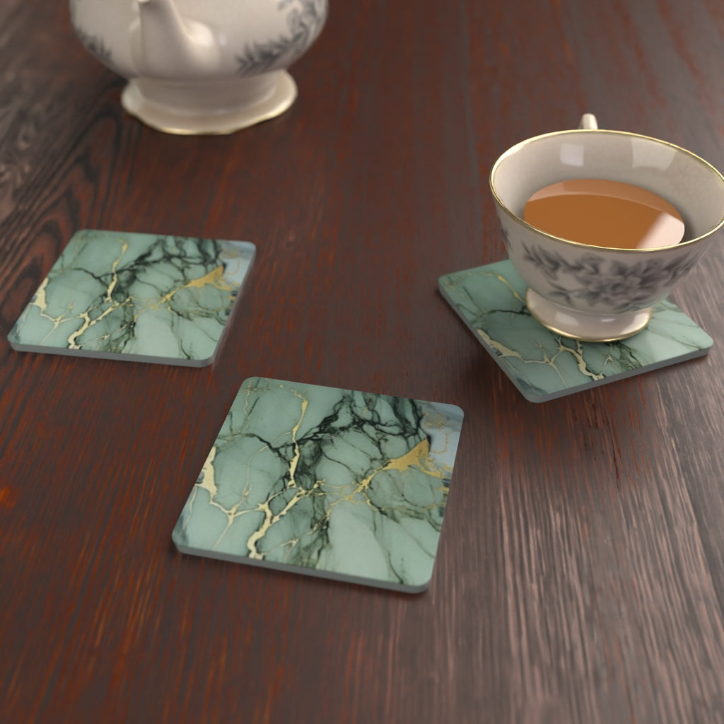 Green Marble square glass coasters on a kitchen table with a teacup – lifestyle mockup 2