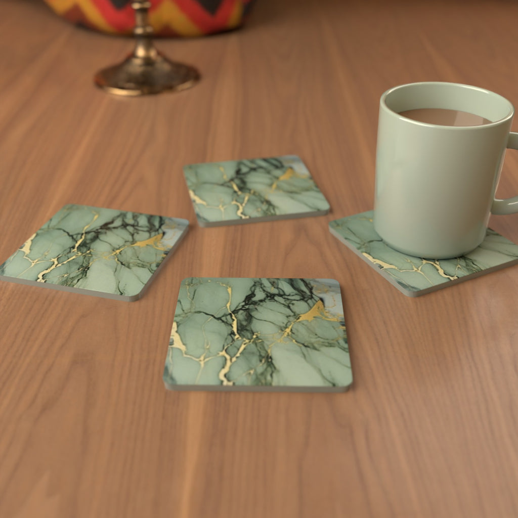Green Marble square glass coasters set out in a cosy living room – lifestyle mockup 3