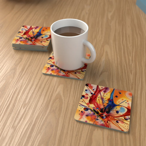 Acrylic Oil Splash No.5 square glass coasters on an oak coffee table with a mug – lifestyle mockup 1