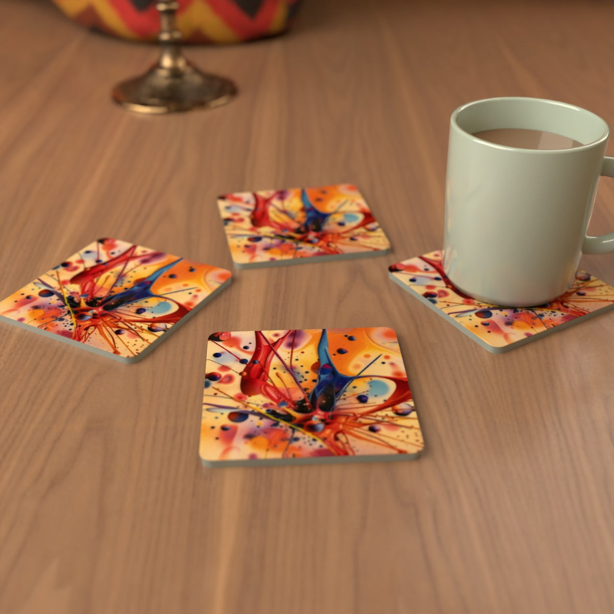 Acrylic Oil Splash No.5 square glass coasters set out in a cosy living room – lifestyle mockup 3