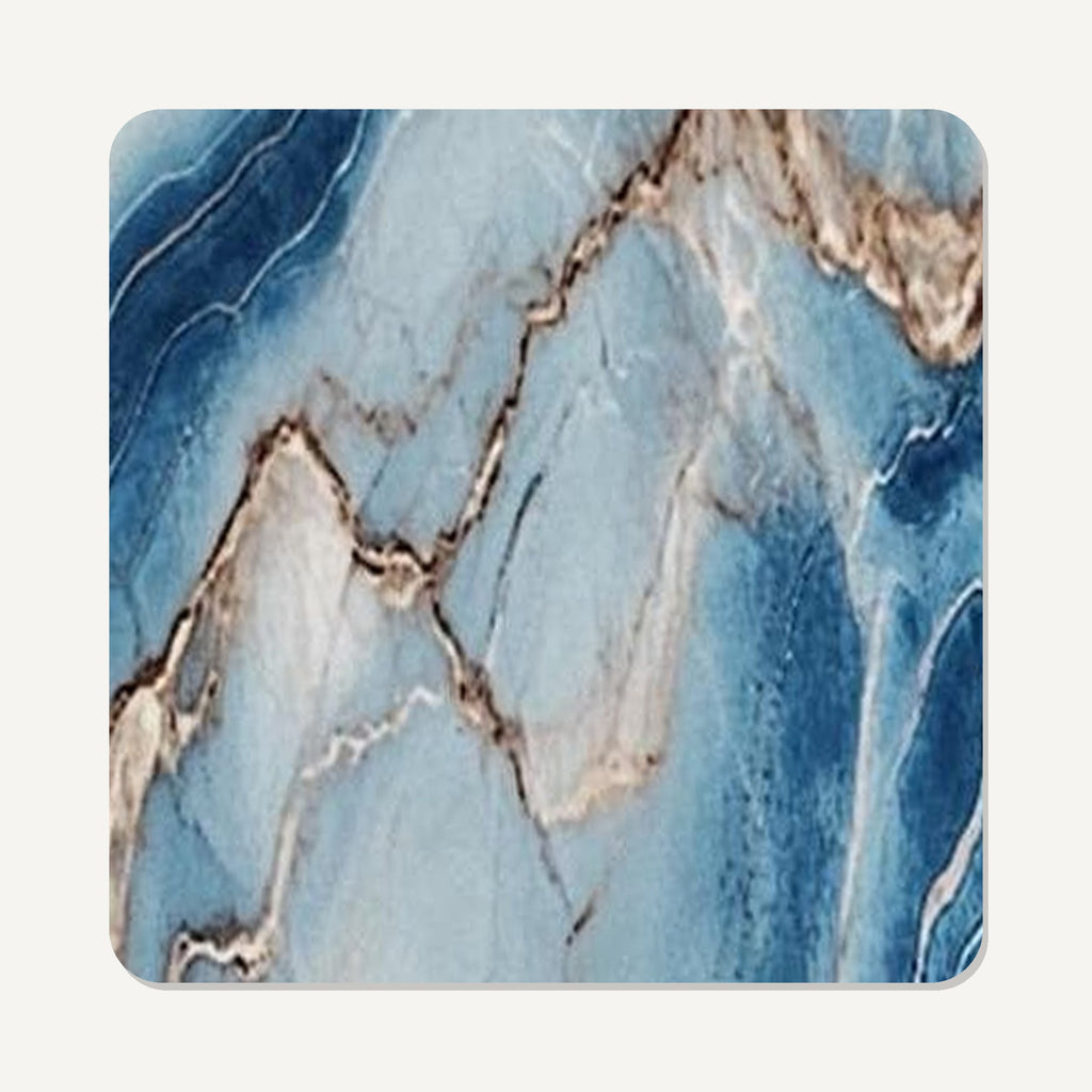 Cyan, Blue & Gold Marble – the flat artwork printed on these square glass coasters