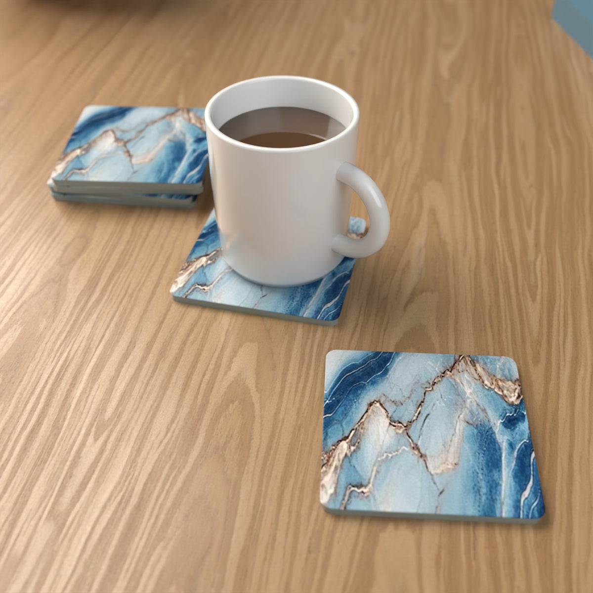 Cyan, Blue & Gold Marble Square Glass Coasters – Set of 6 – Coming Soon – lifestyle mockup 1