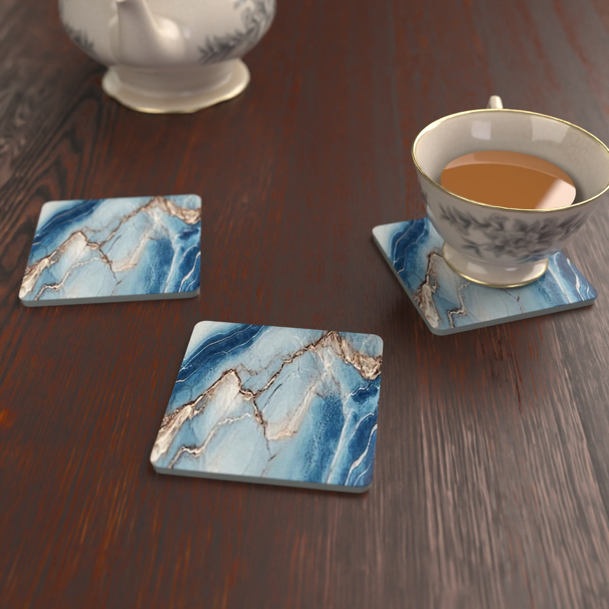 Cyan, Blue & Gold Marble Square Glass Coasters – Set of 6 – Coming Soon – lifestyle mockup 2