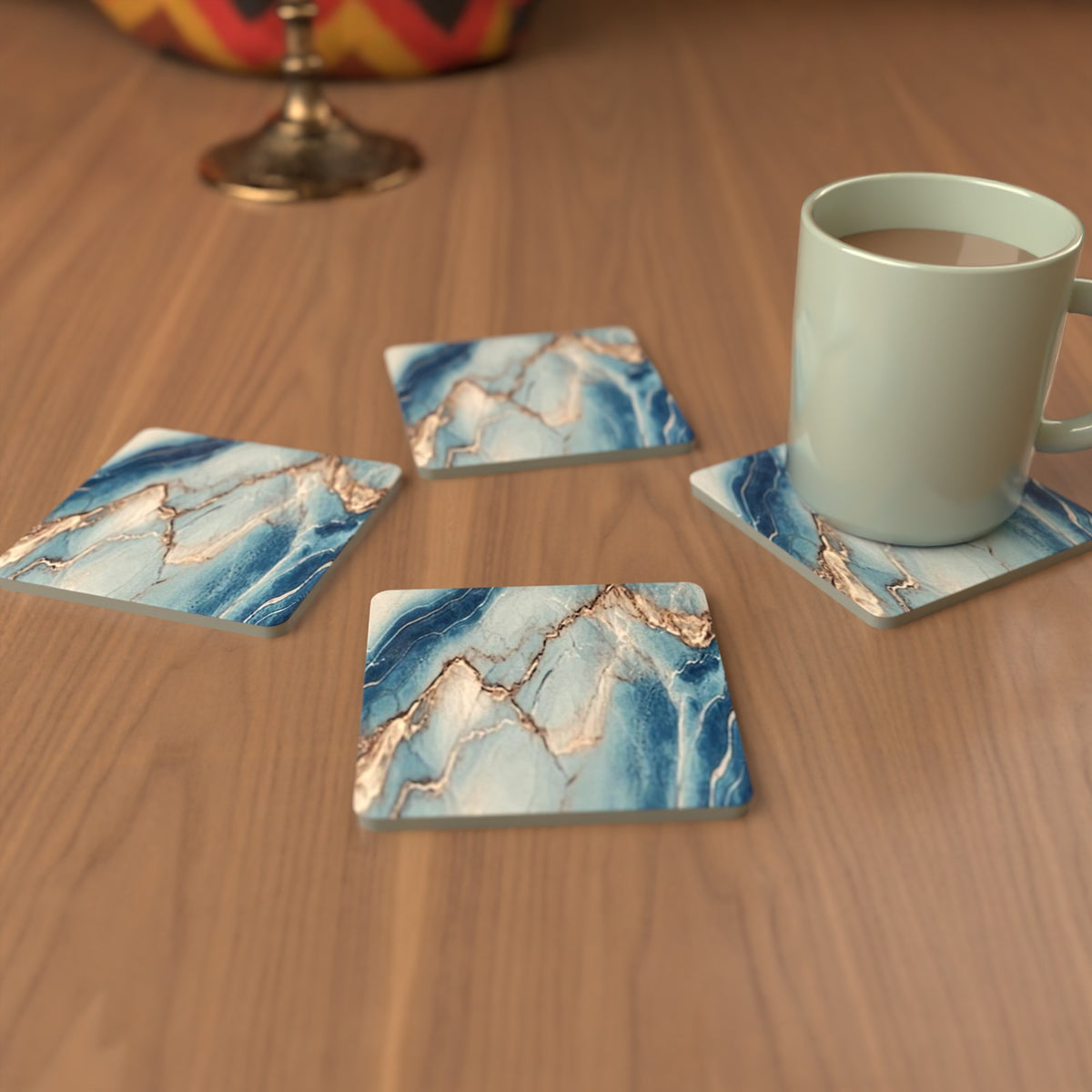 Cyan, Blue & Gold Marble Square Glass Coasters – Set of 6 – Coming Soon – lifestyle mockup 3