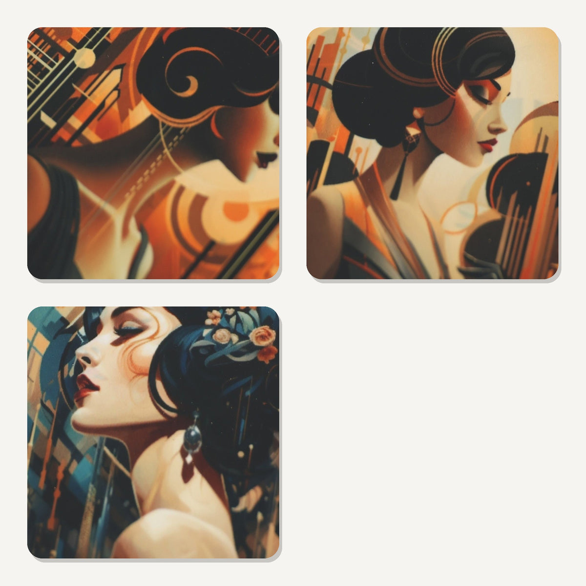 Art Deco Portrait – the flat artwork printed on these square glass coasters