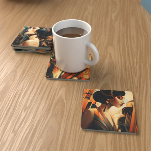 Art Deco Portrait Square Glass Coasters – Set of 6 – Coming Soon – lifestyle mockup 1