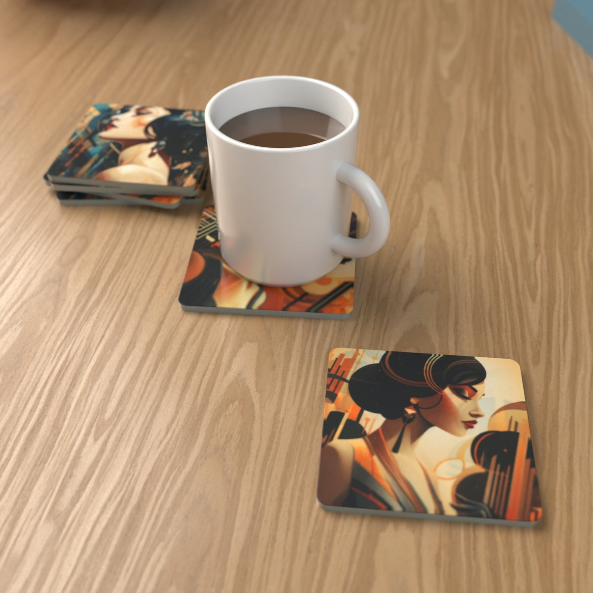 Art Deco Portrait Square Glass Coasters – Set of 6 – Pre-order – lifestyle mockup 1
