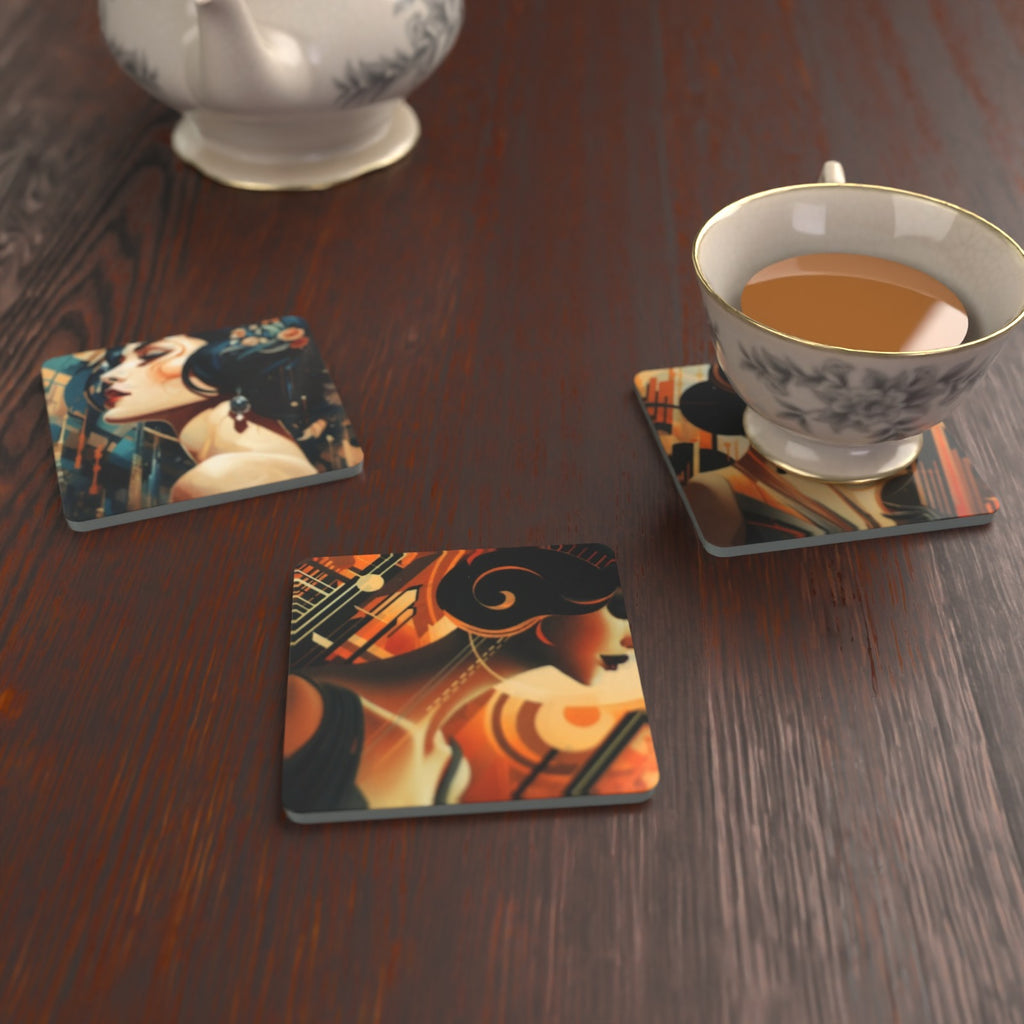 Art Deco Portrait Square Glass Coasters – Set of 6 – Pre-order – lifestyle mockup 2