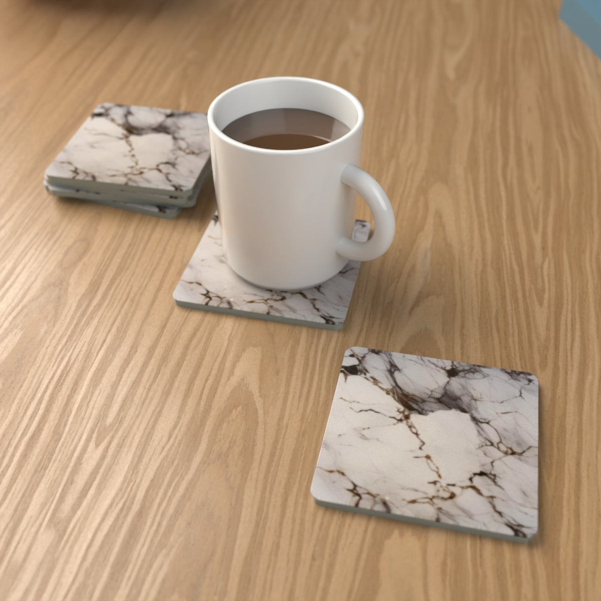 Grey, White & Gold Marble Square Glass Coasters – Set of 6 – Pre-order – lifestyle mockup 1