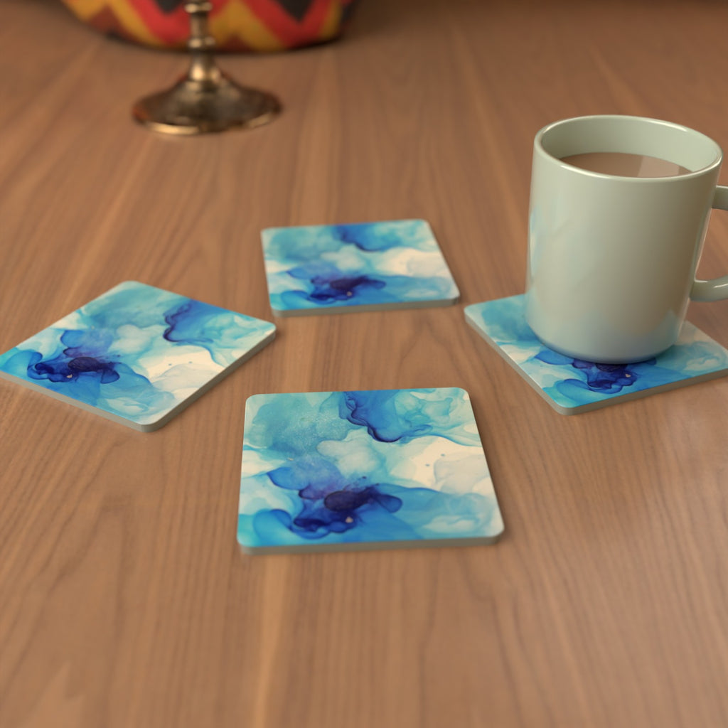 Blue Swirl Marble square glass coasters set out in a cosy living room – lifestyle mockup 3