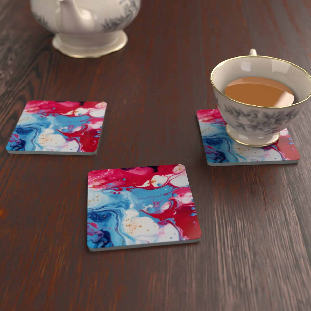 Acrylic Oil Splash Art Square Glass Coasters – Set of 6 – Pre-order – lifestyle mockup 2