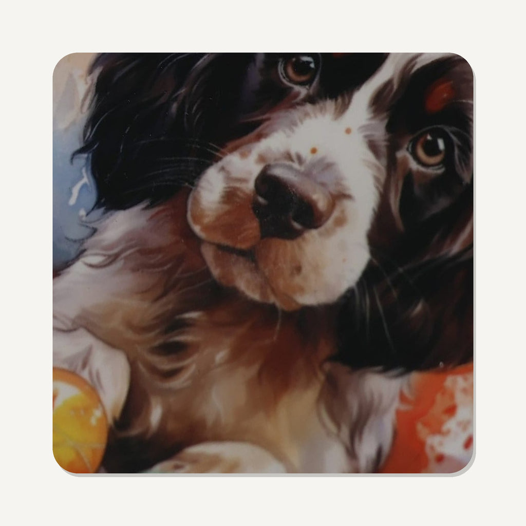 Springer Spaniel Puppy Watercolour – the flat artwork printed on these square glass coasters