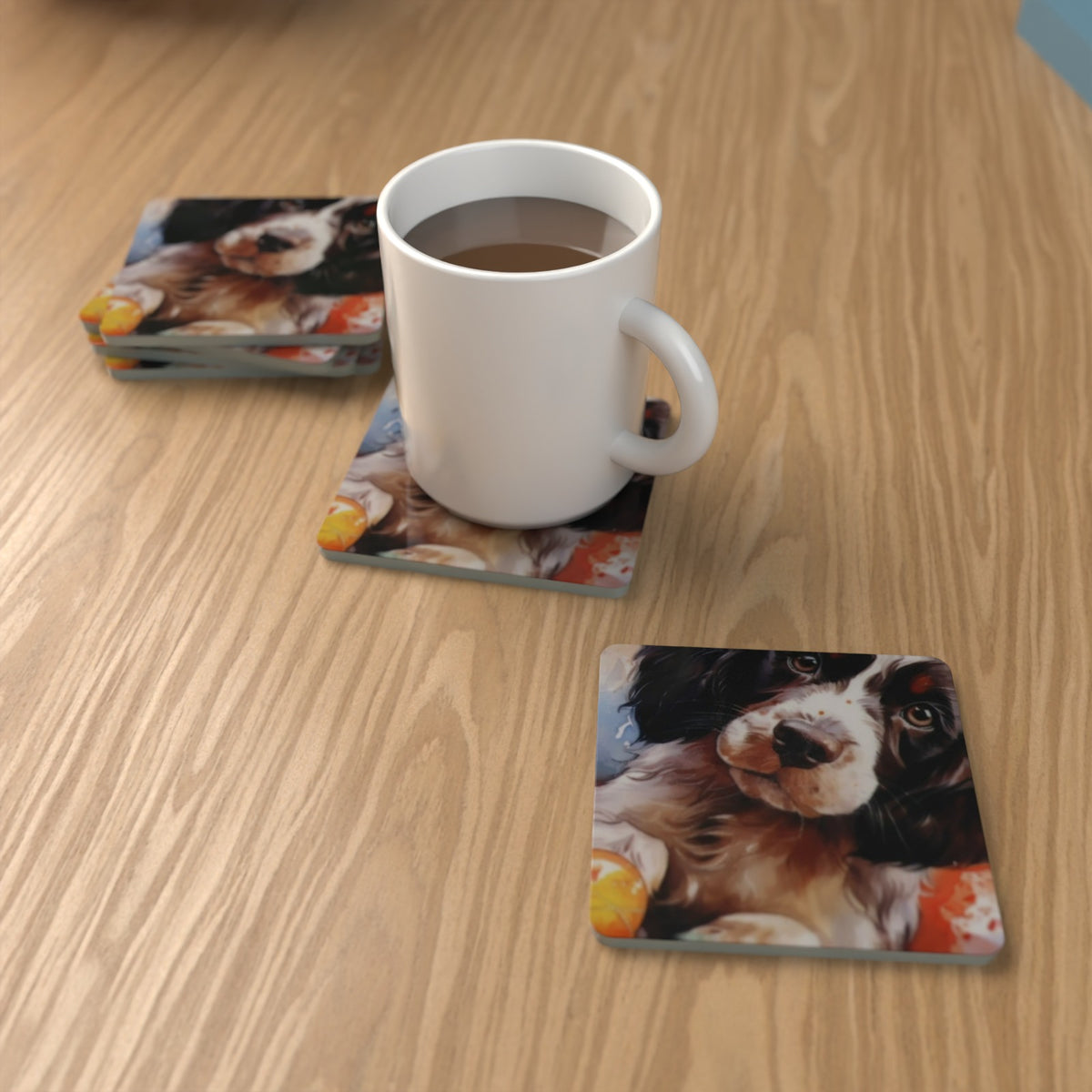 Springer Spaniel Puppy Watercolour Square Glass Coasters – Set of 6 – Pre-order – lifestyle mockup 1
