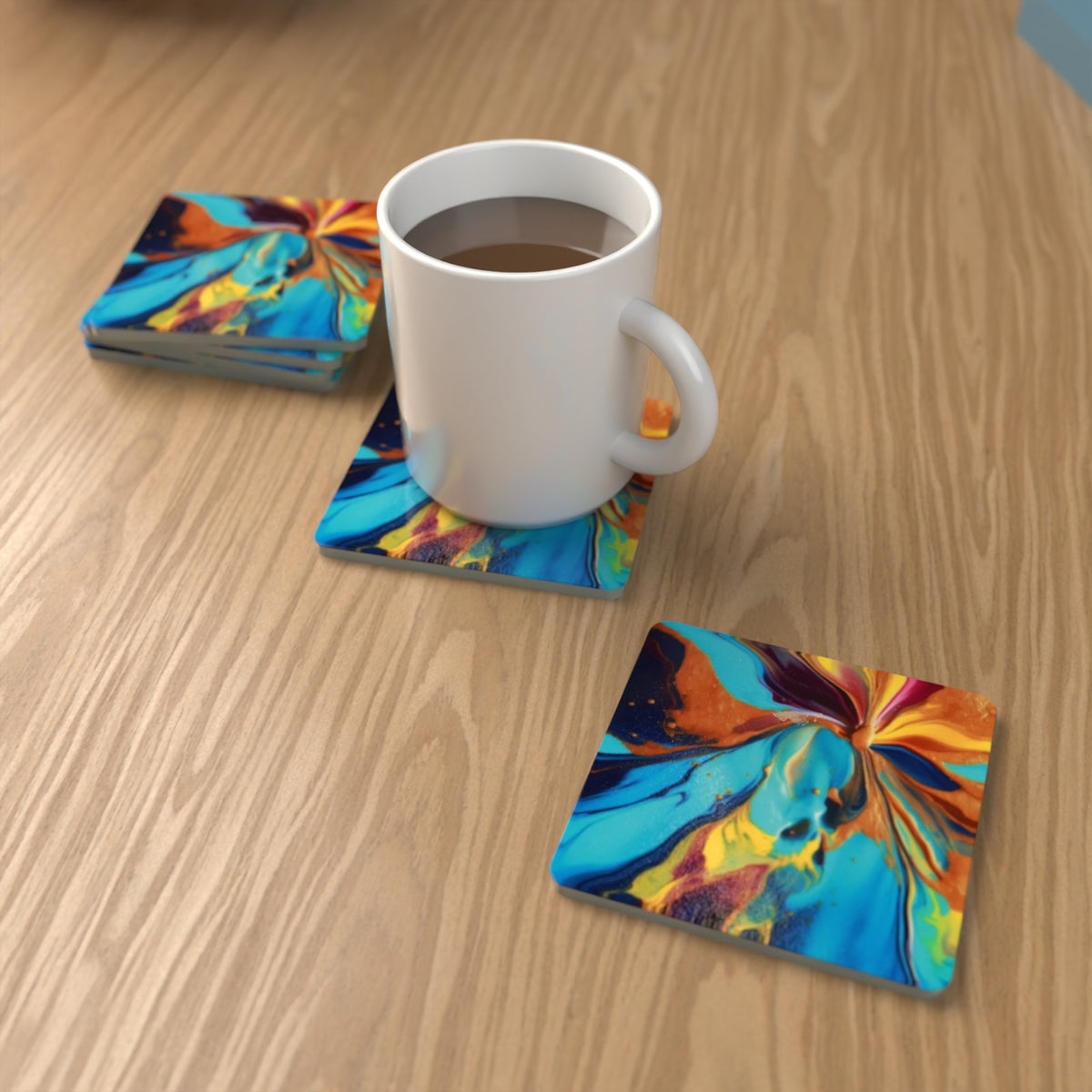 Fluid Lava Pink & Teal Square Glass Coasters – Set of 6 – Pre-order – lifestyle mockup 1