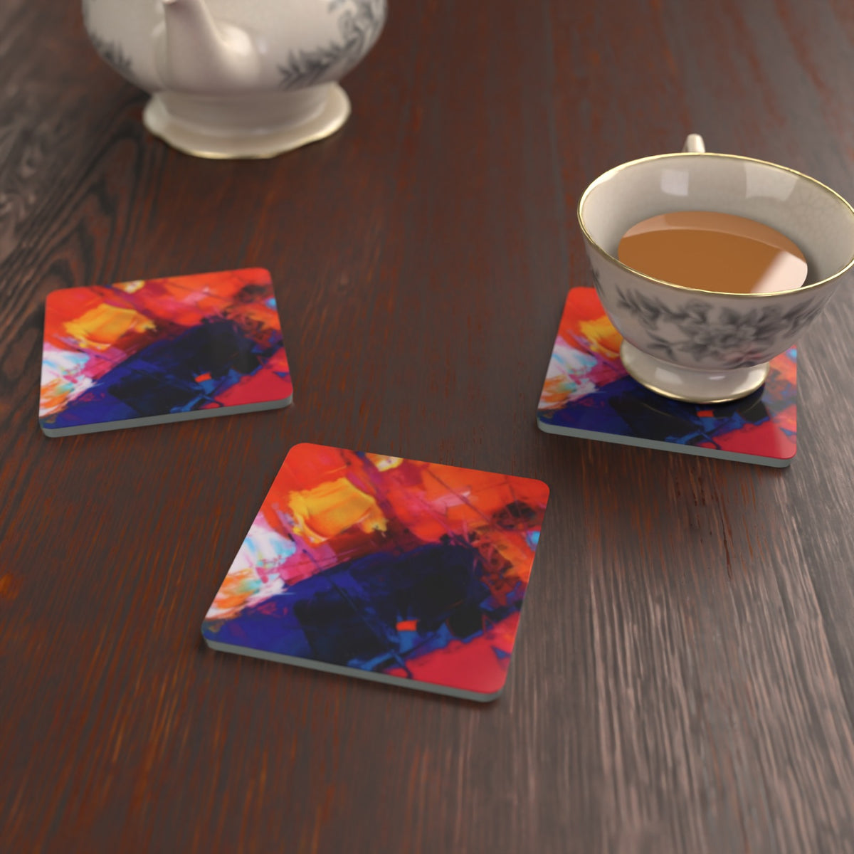 Abstract Painterly Square Glass Coasters – Set of 6 – Pre-order – lifestyle mockup 2