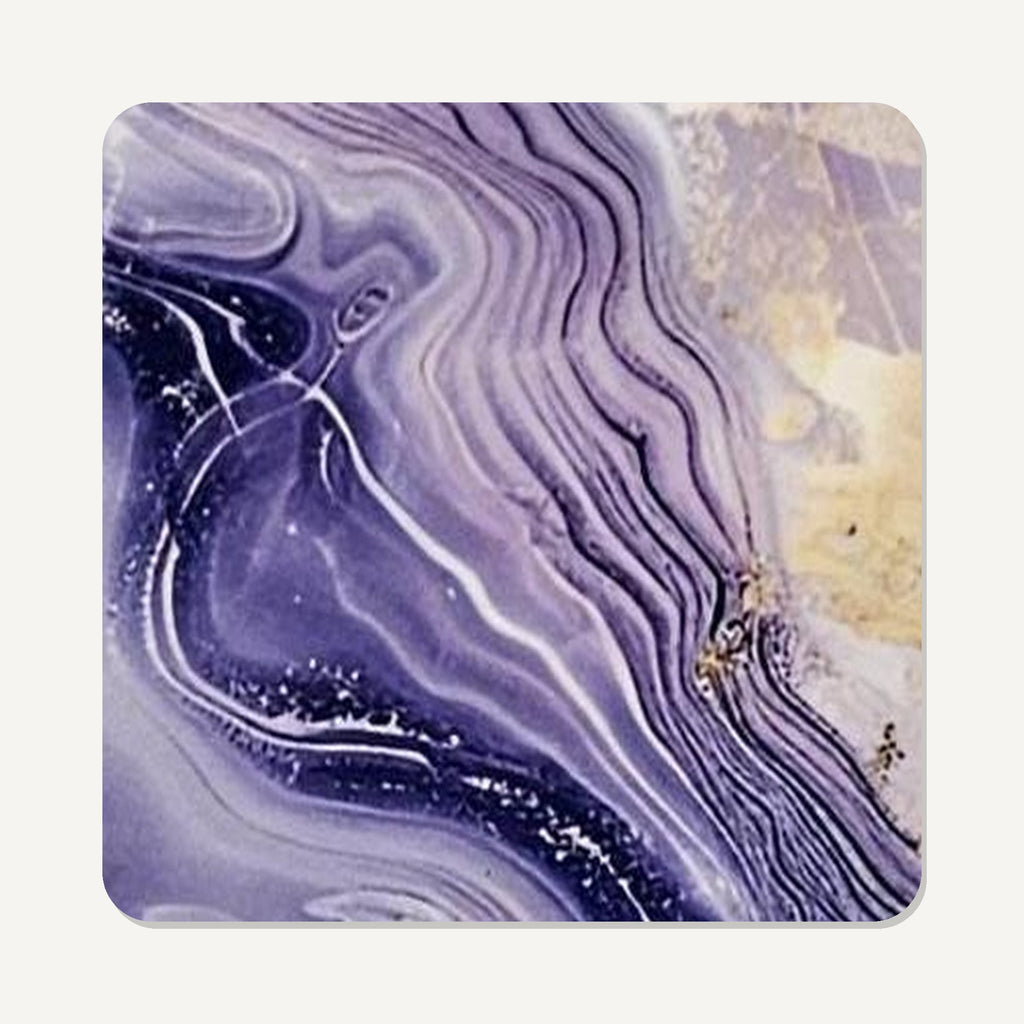 Lilac, Violet & Gold Marble – the flat artwork printed on these square glass coasters
