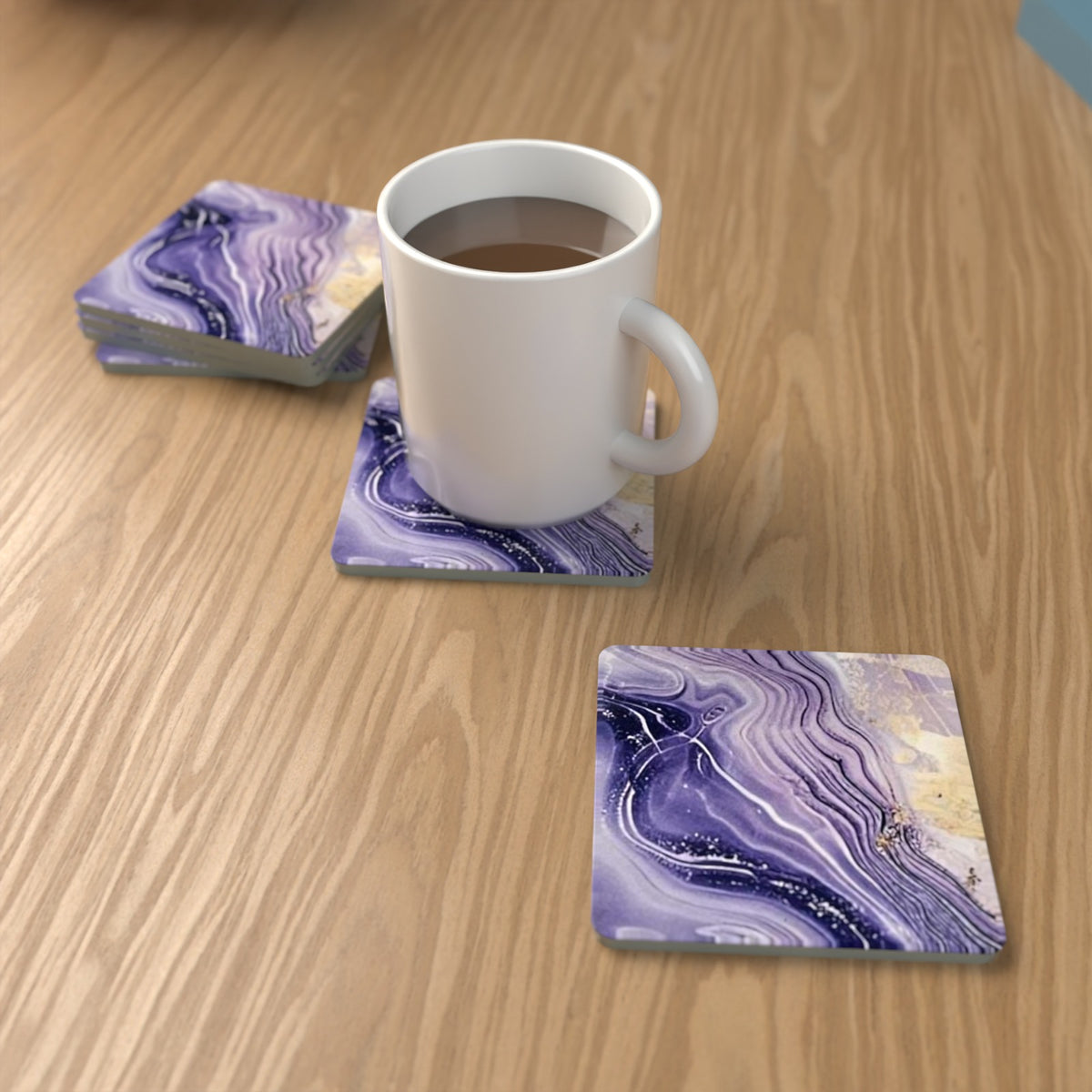 Lilac, Violet & Gold Marble Square Glass Coasters – Set of 6 – Pre-order – lifestyle mockup 1