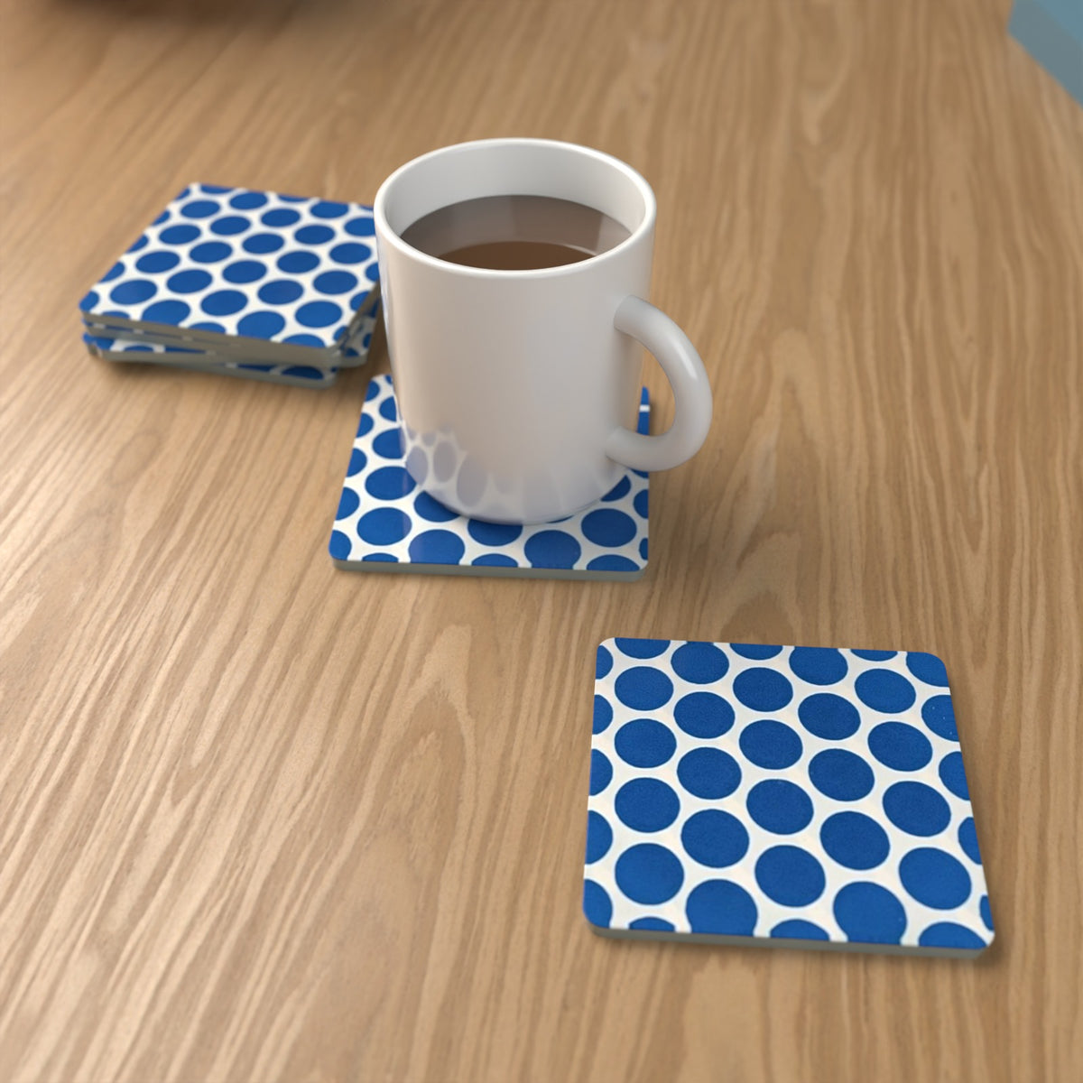 Blue Spot Pattern Square Glass Coasters – Set of 6 – Pre-order – lifestyle mockup 1