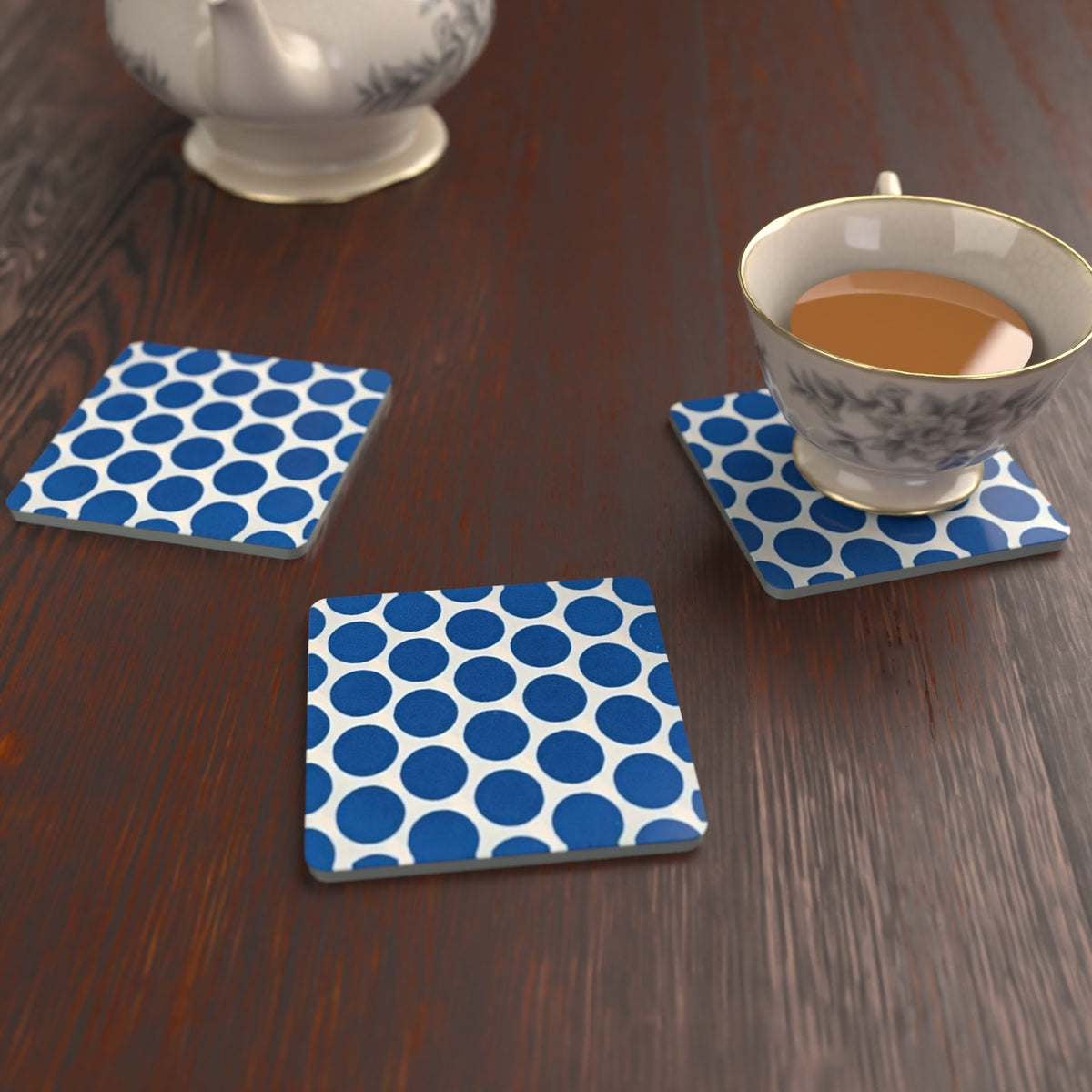 Blue Spot Pattern Square Glass Coasters – Set of 6 – Pre-order – lifestyle mockup 2