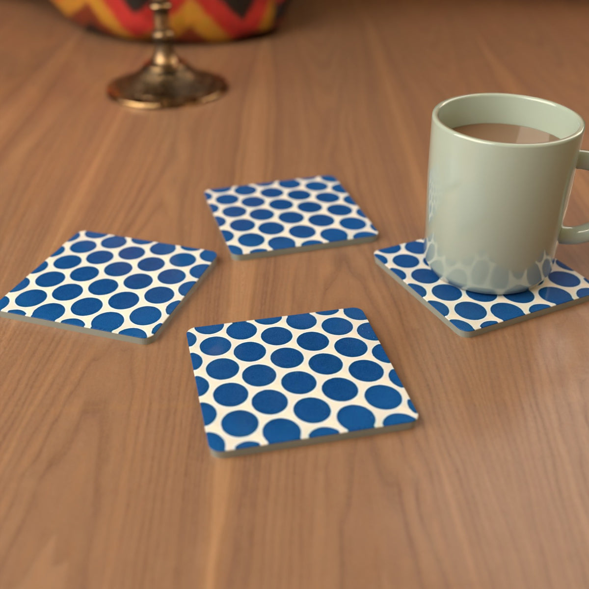 Blue Spot Pattern Square Glass Coasters – Set of 6 – Pre-order – lifestyle mockup 3
