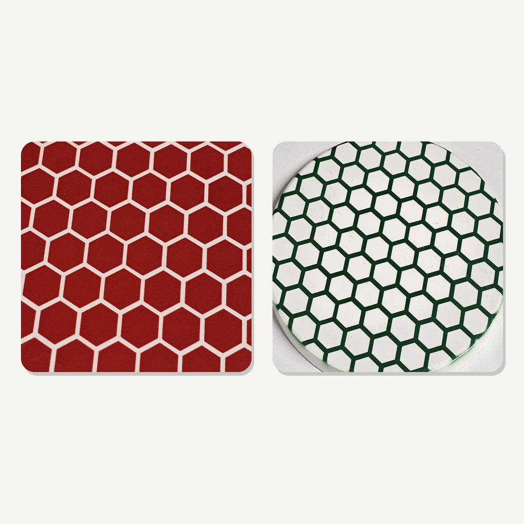 Honeycomb Pattern Square Glass Coasters – Set of 6 – Coming Soon – flat artwork printed on these coasters