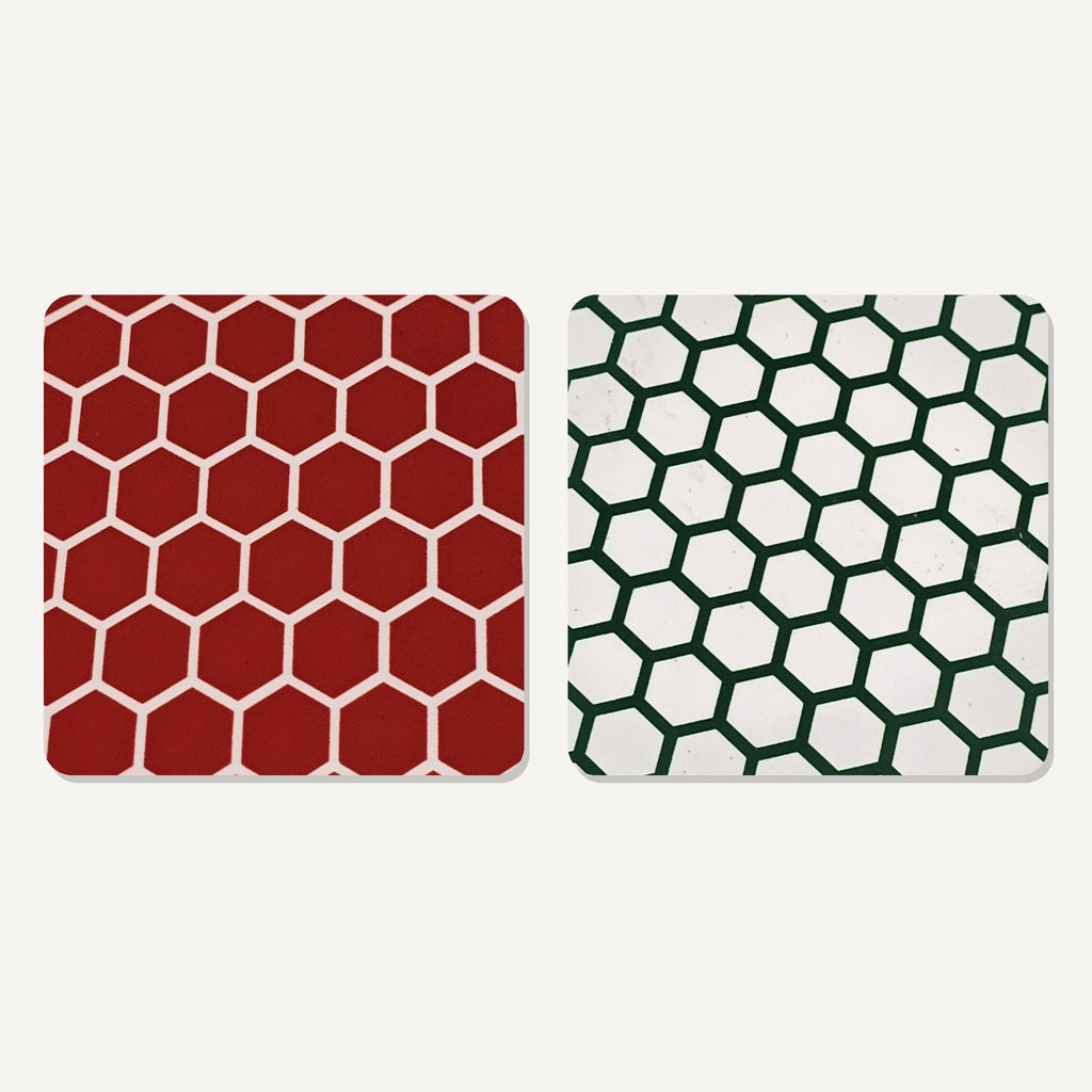 Honeycomb Pattern – the flat artwork printed on these square glass coasters