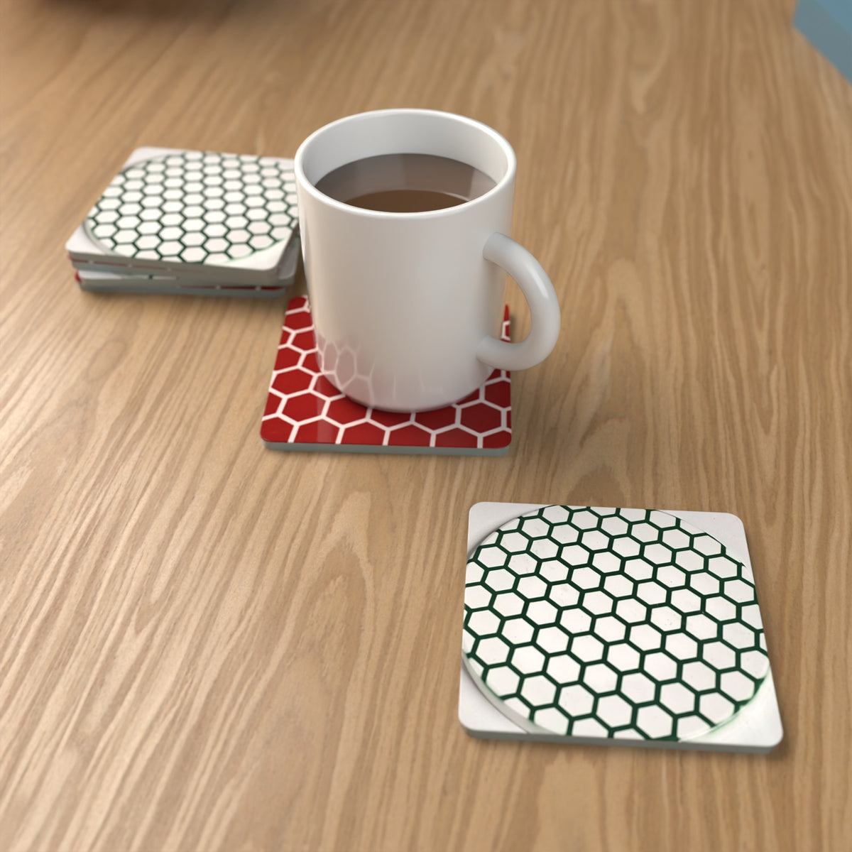 Honeycomb Pattern Square Glass Coasters – Set of 6 – Coming Soon – lifestyle mockup 1