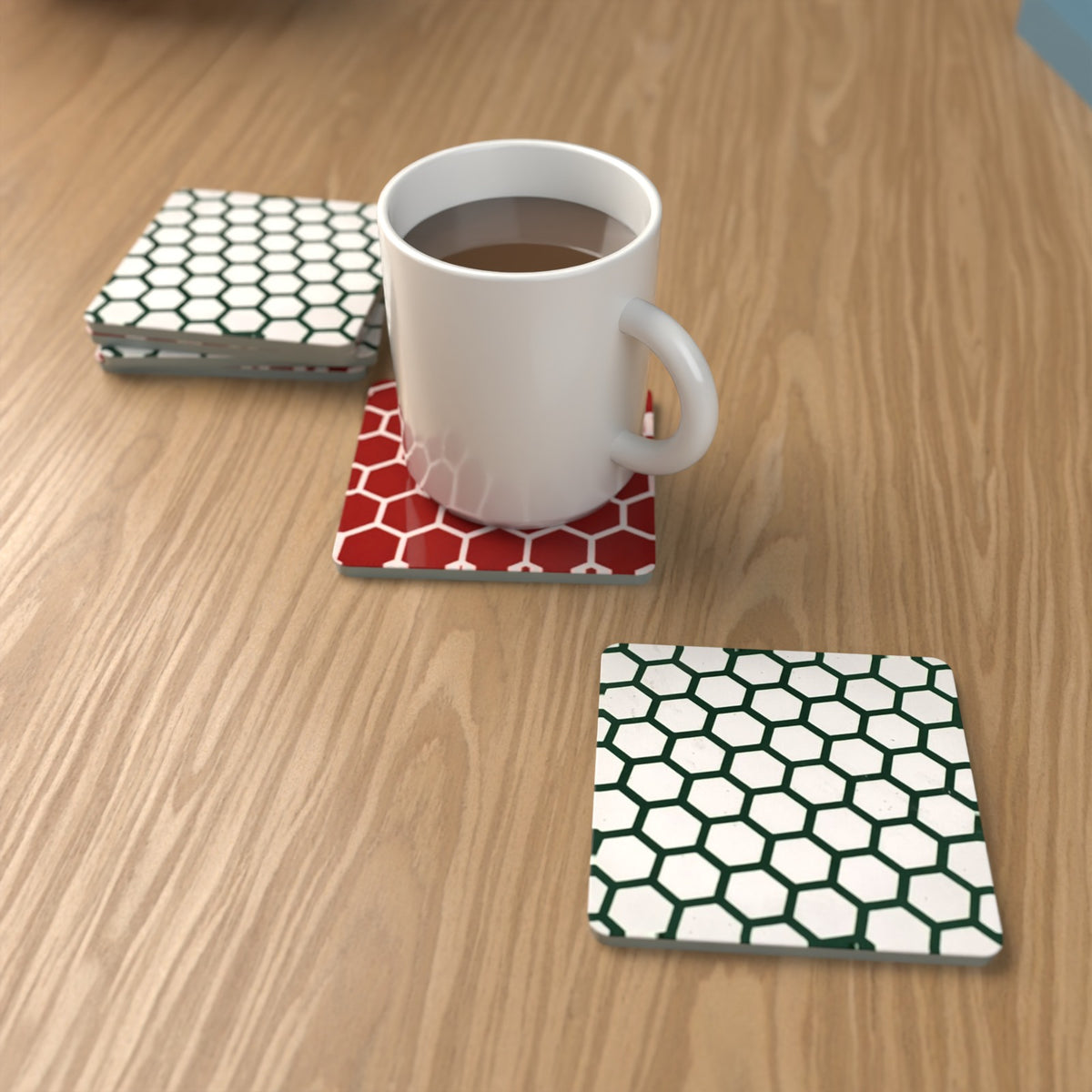 Honeycomb Pattern Square Glass Coasters – Set of 6 – Pre-order – lifestyle mockup 1